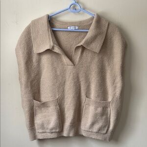Crescent Beige V‑Neck Collared Sweater with Pockets